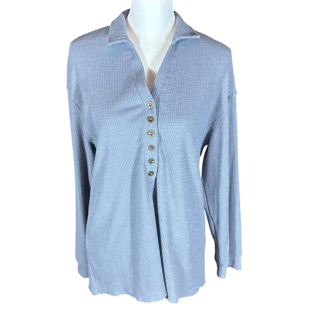 POL Adriana Top NWT Women M Blue Ribbed Henley Long Sleeve SMT1580